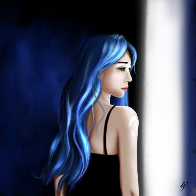 Woman near window - blue hair