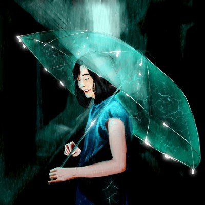 Woman in the rain - green